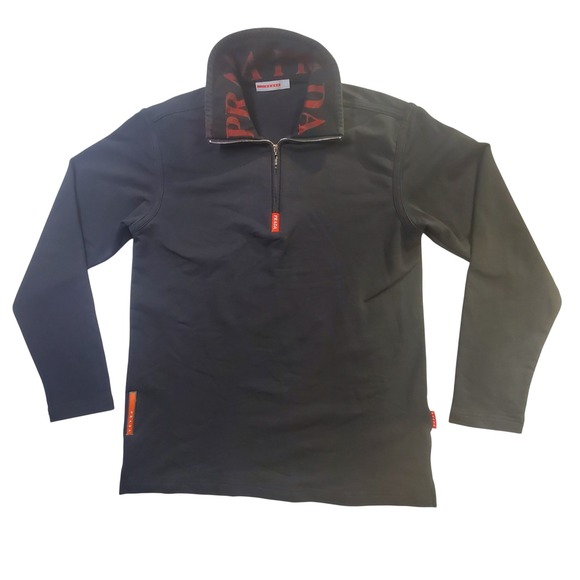 Prada Other - Prada Mens Quarter Zip Pullover Black Red Logo Mesh Collar Mock Neck Sweatshirt
